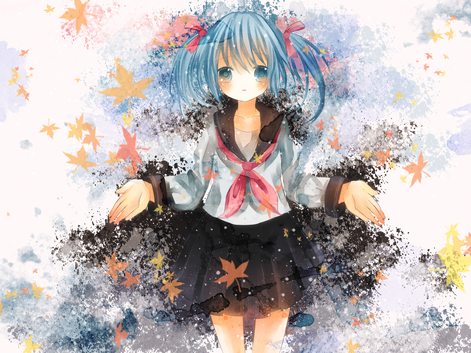 aqua_eyes, autumn, blue_hair, bow, haruka_aki_daidai_(vocaloid), hatsune_miku, hinanosuke, leaves