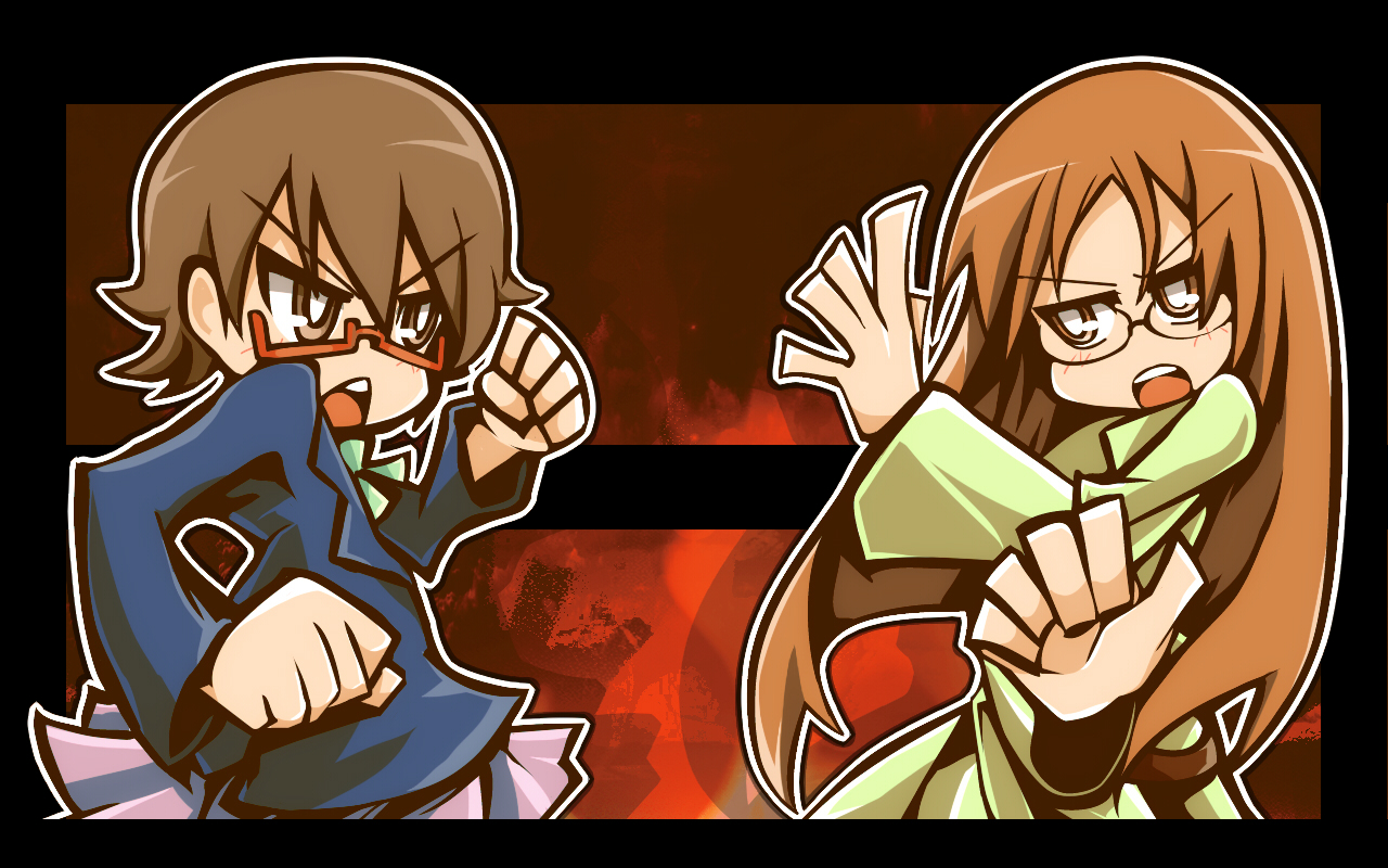 2girls, brown_eyes, brown_hair, glasses, k-on!, long_hair, manabe_nodoka, short_hair