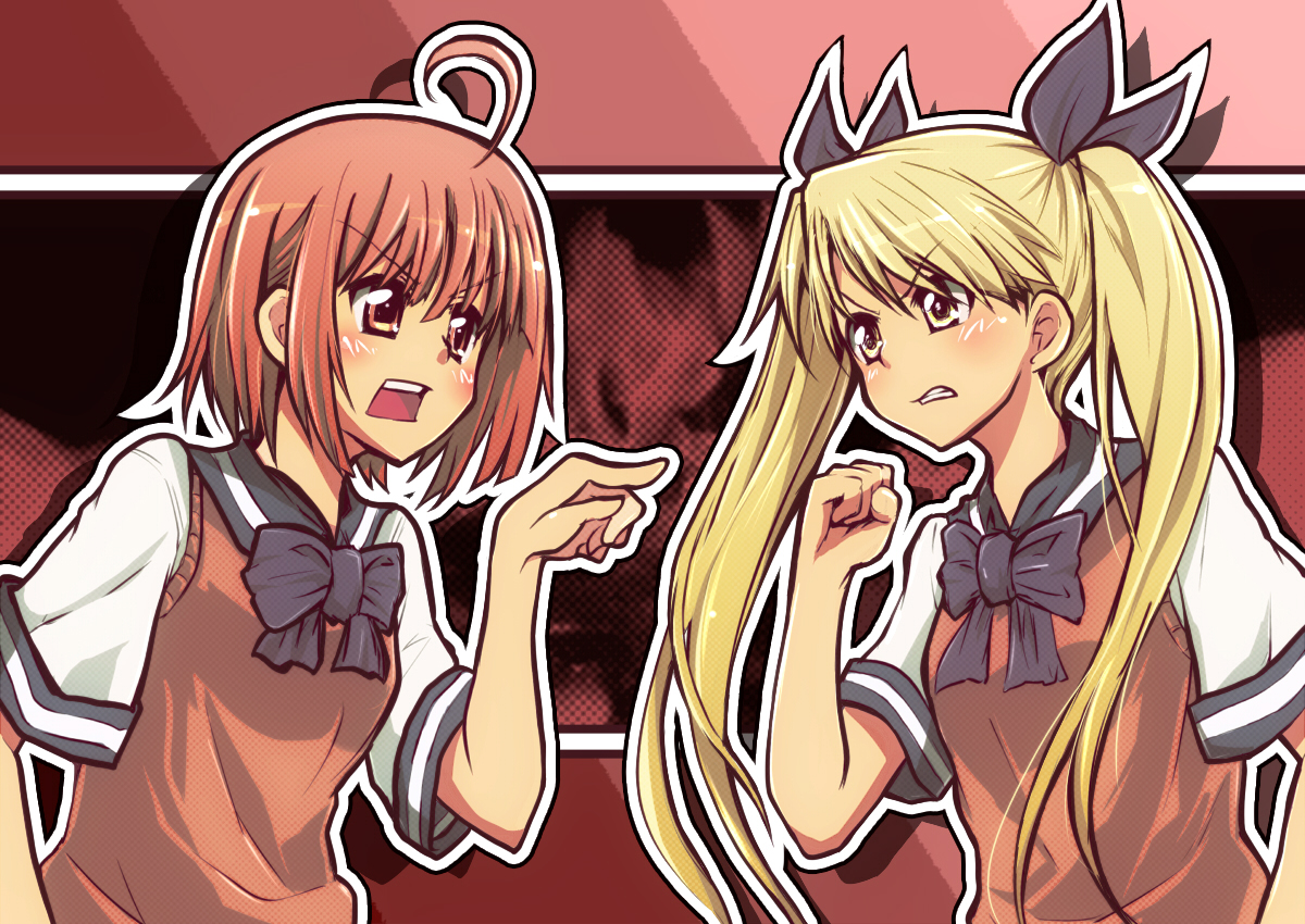 2girls, blonde_hair, bow, brown_eyes, brown_hair, long_hair, oniichan_no_koto_nanka_zenzen_suki_janain_dakara_ne!!, school_uniform