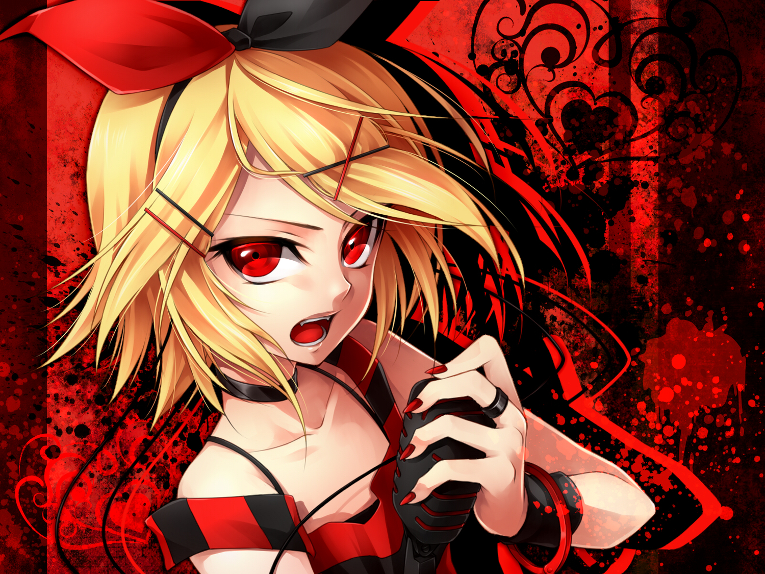 blonde_hair, bow, kagamine_rin, microphone, red, red_eyes, shackles, short_hair, ueno_tsuki, vocaloid, wristwear
