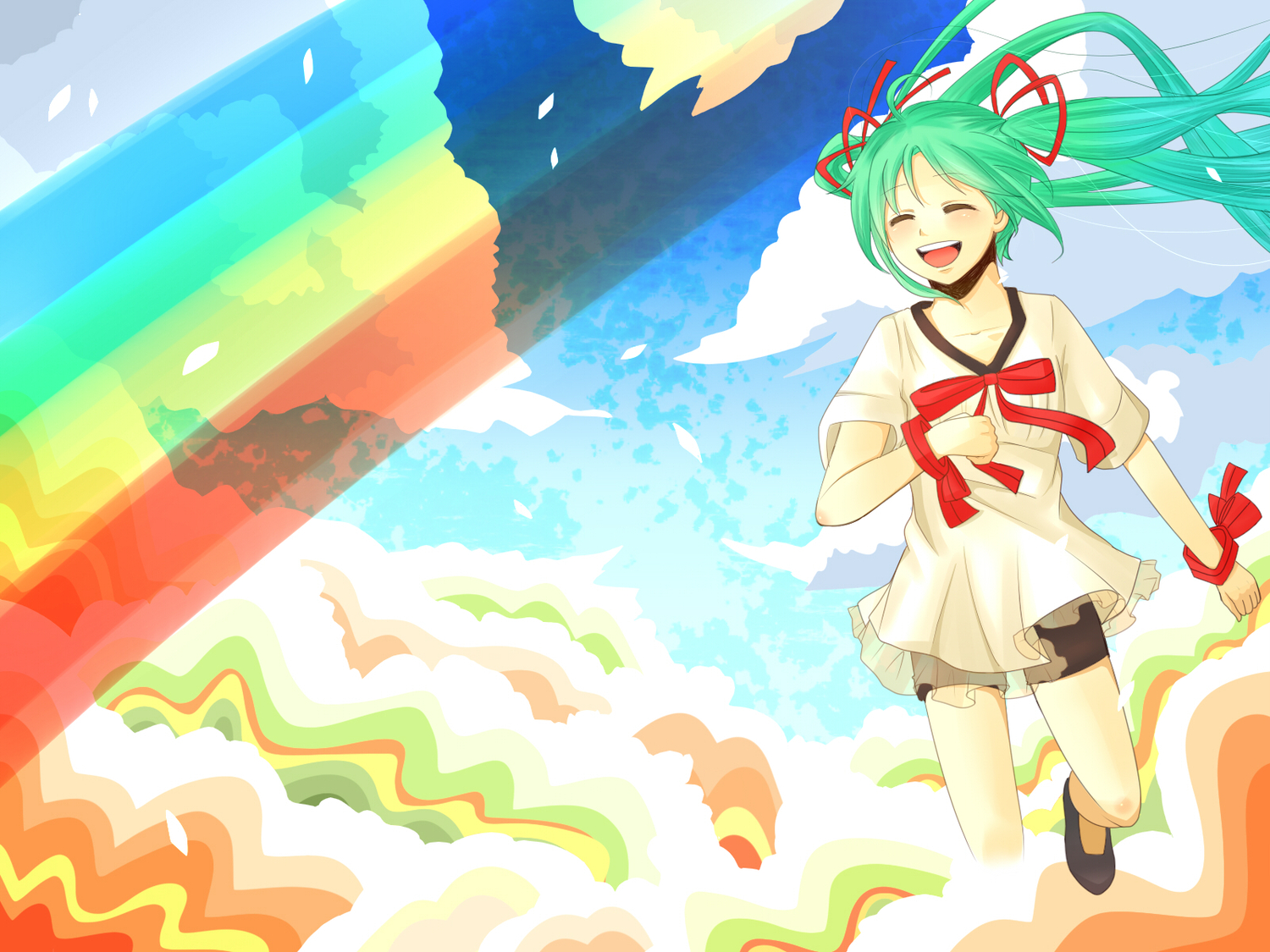 bow, clouds, dribble, green_hair, hatsune_miku, rainbow, ribbons, sky, twintails, vocaloid