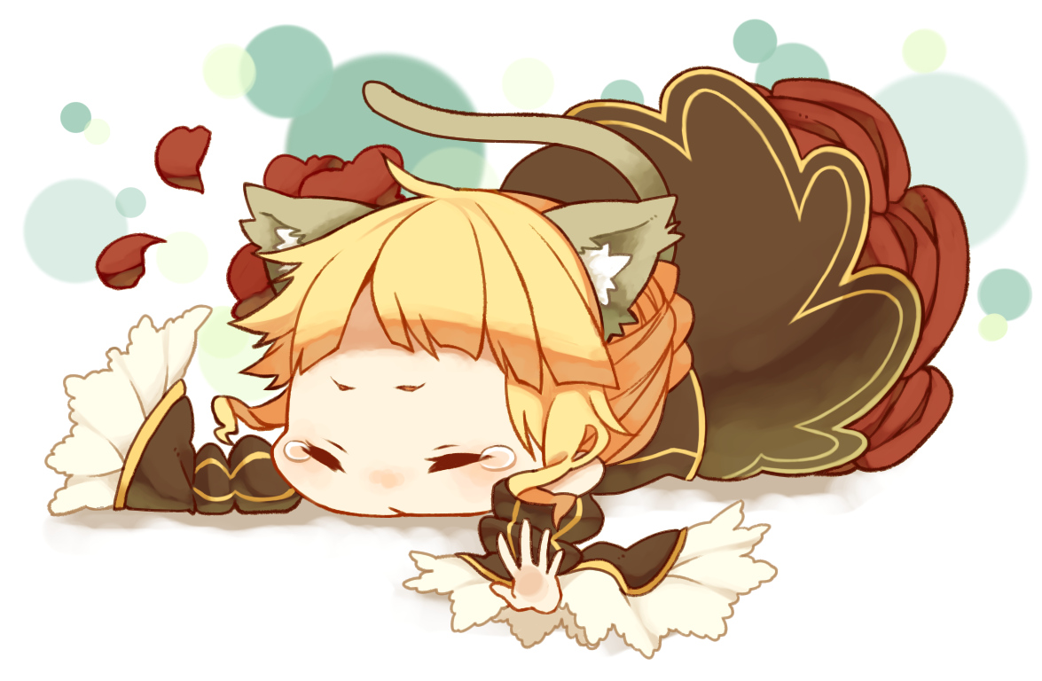 animal_ears, beatrice, blonde_hair, chibi, dress, flowers, kouichirou, long_hair, rose, tail, tears, umineko_no_naku_koro_ni
