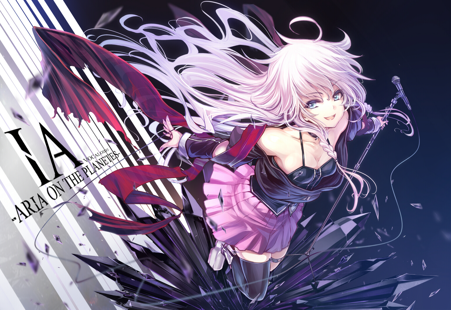 aqua_eyes, blonde_hair, braids, ia, long_hair, microphone, shiokonbu, skirt
