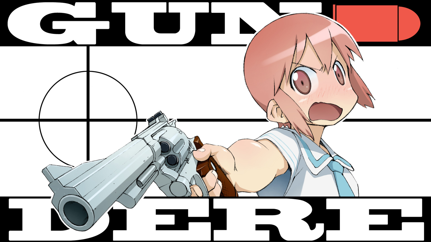 blush, brown_eyes, gun, jpeg_artifacts, nichijou, pink_hair, school_uniform, short_hair, tachibana_misato, weapon, youkann00