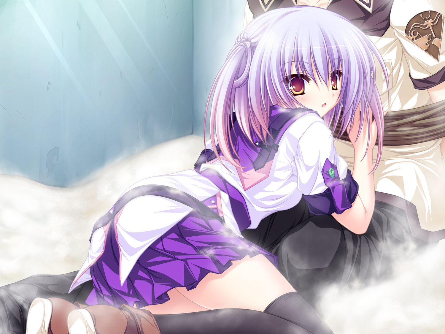 77, blush, game_cg, mikagami_mamizu, orange_eyes, school_uniform, thighhighs, tsuneha_aki
