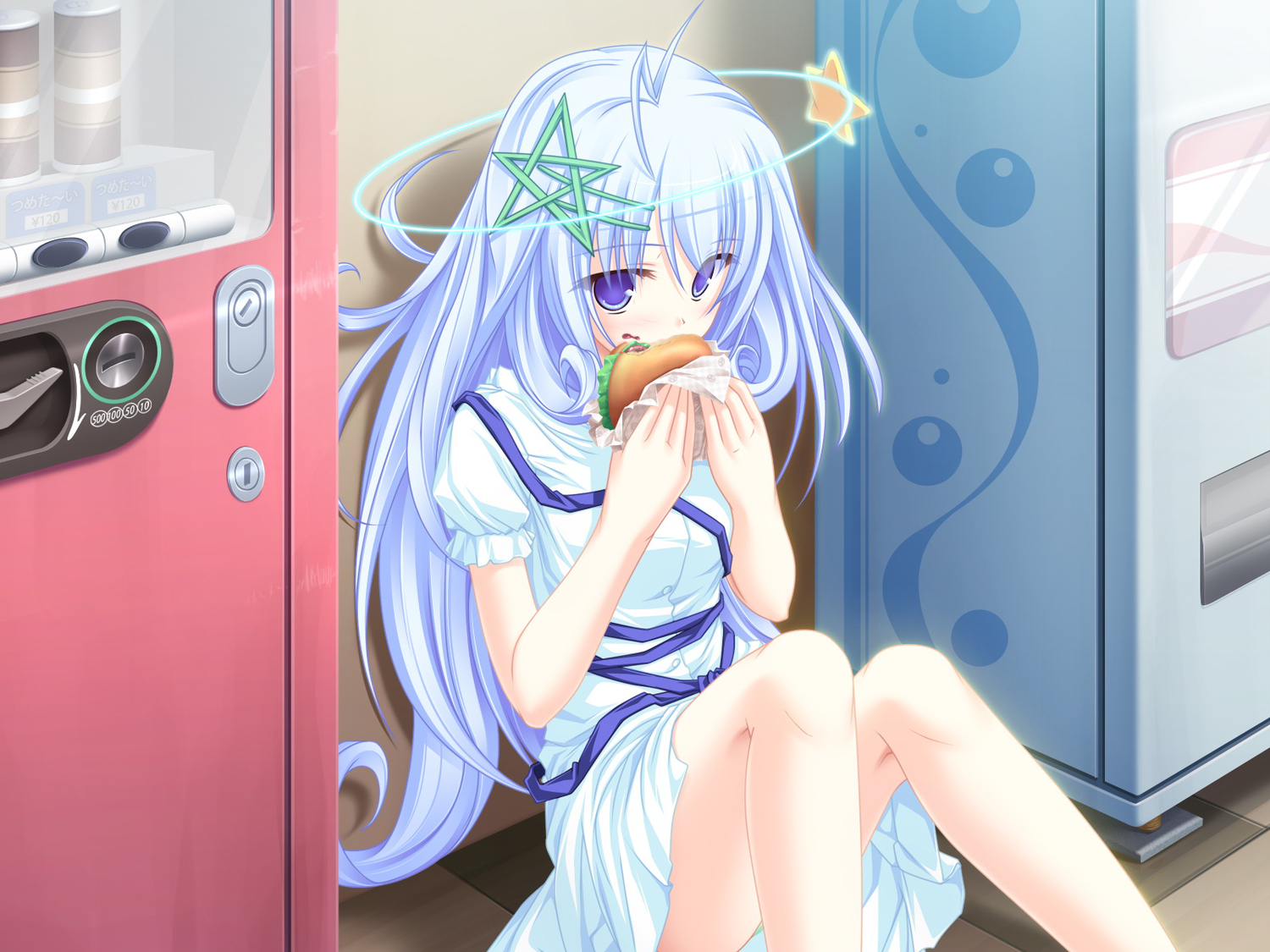 77, blue_hair, dress, food, game_cg, kuu_(77), purple_eyes, tenmaso, whirlpool