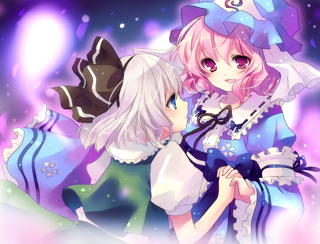 blue_eyes, dress, konpaku_youmu, kosuzume, myon, pink_hair, red_eyes, saigyouji_yuyuko, touhou, white_hair