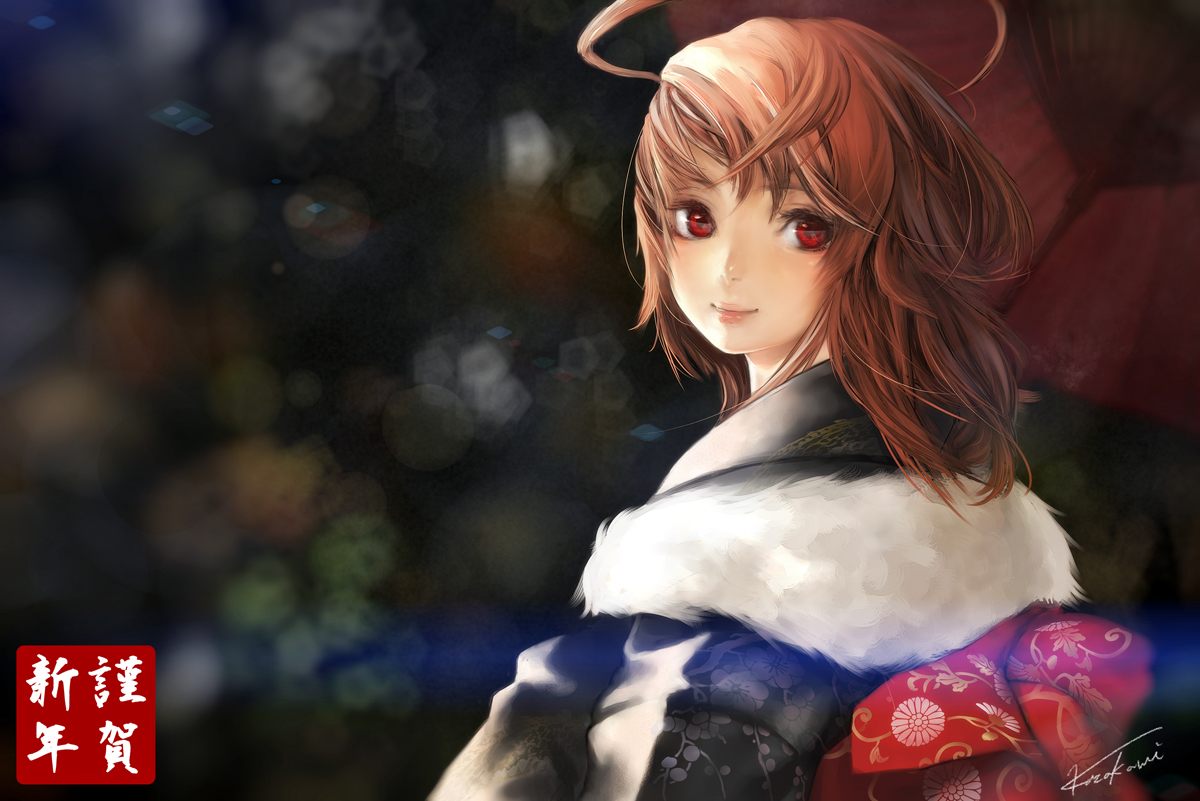 brown_hair, japanese_clothes, kazakami_yuu, kimono, red_eyes, signed, tagme, umbrella