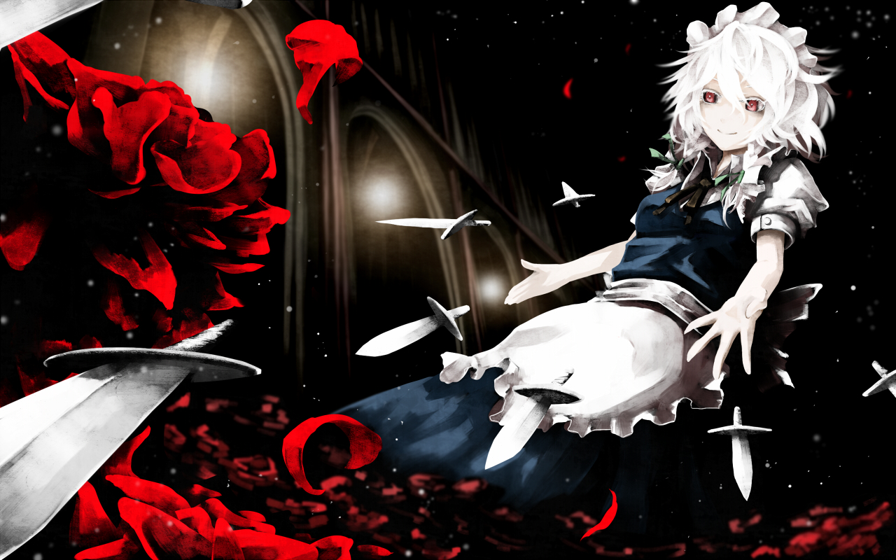 akihira_fujinohara, dress, flowers, izayoi_sakuya, knife, maid, petals, red_eyes