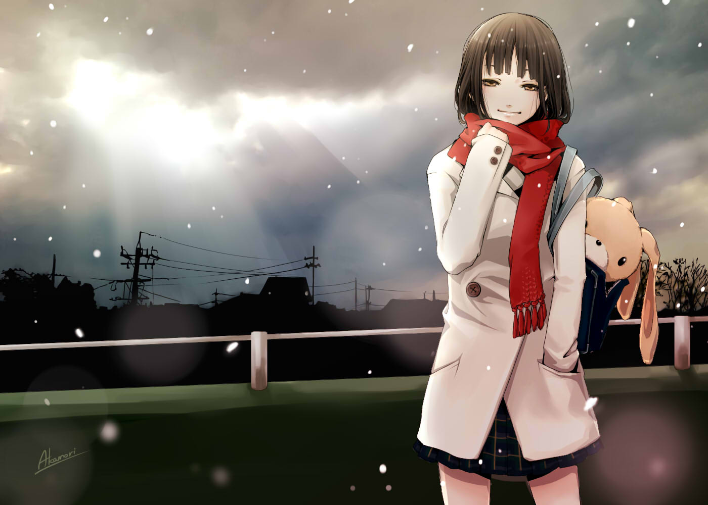 akamori, brown_hair, jpeg_artifacts, original, scarf, signed, snow, winter, yellow_eyes