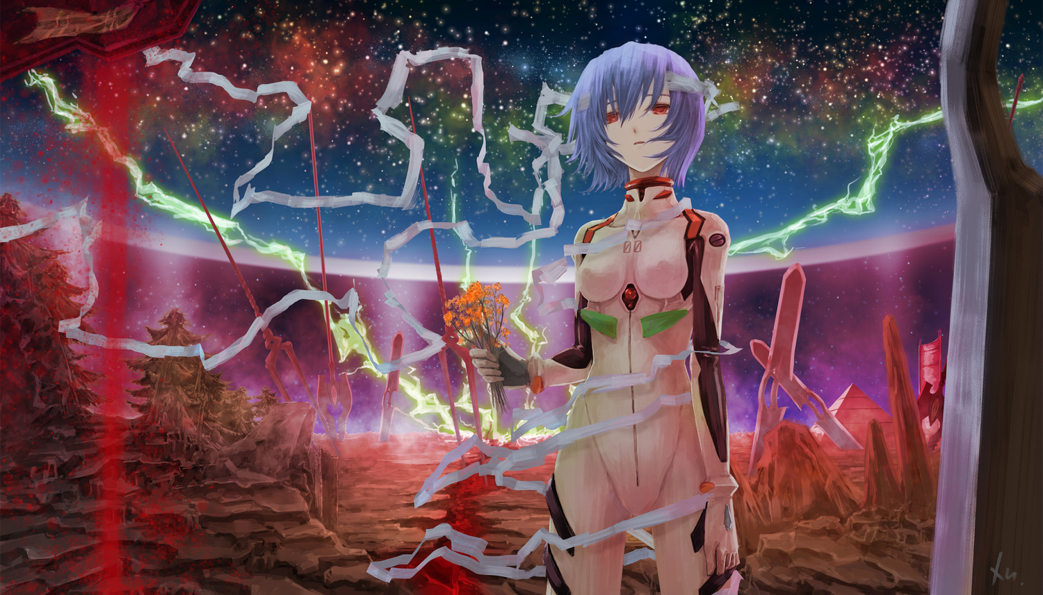 ayanami_rei, bandage, blue_hair, bodysuit, flowers, headband, heiyuen, neon_genesis_evangelion, red_eyes, short_hair, signed, skintight, spear, stars, sword, tree, weapon