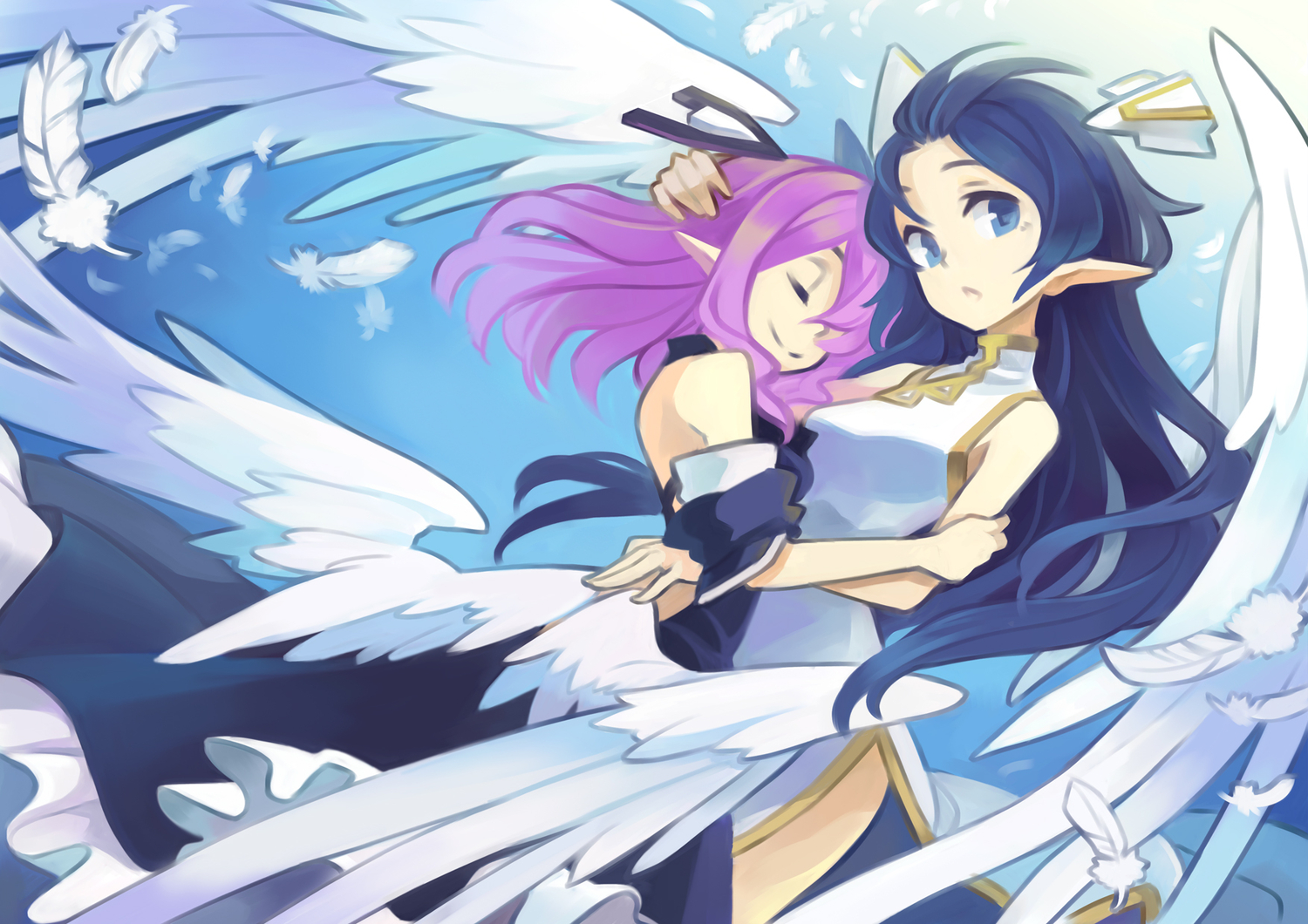 2girls, blue_eyes, blue_hair, feathers, lastswallow, long_hair, original, pink_hair, pointed_ears, wings