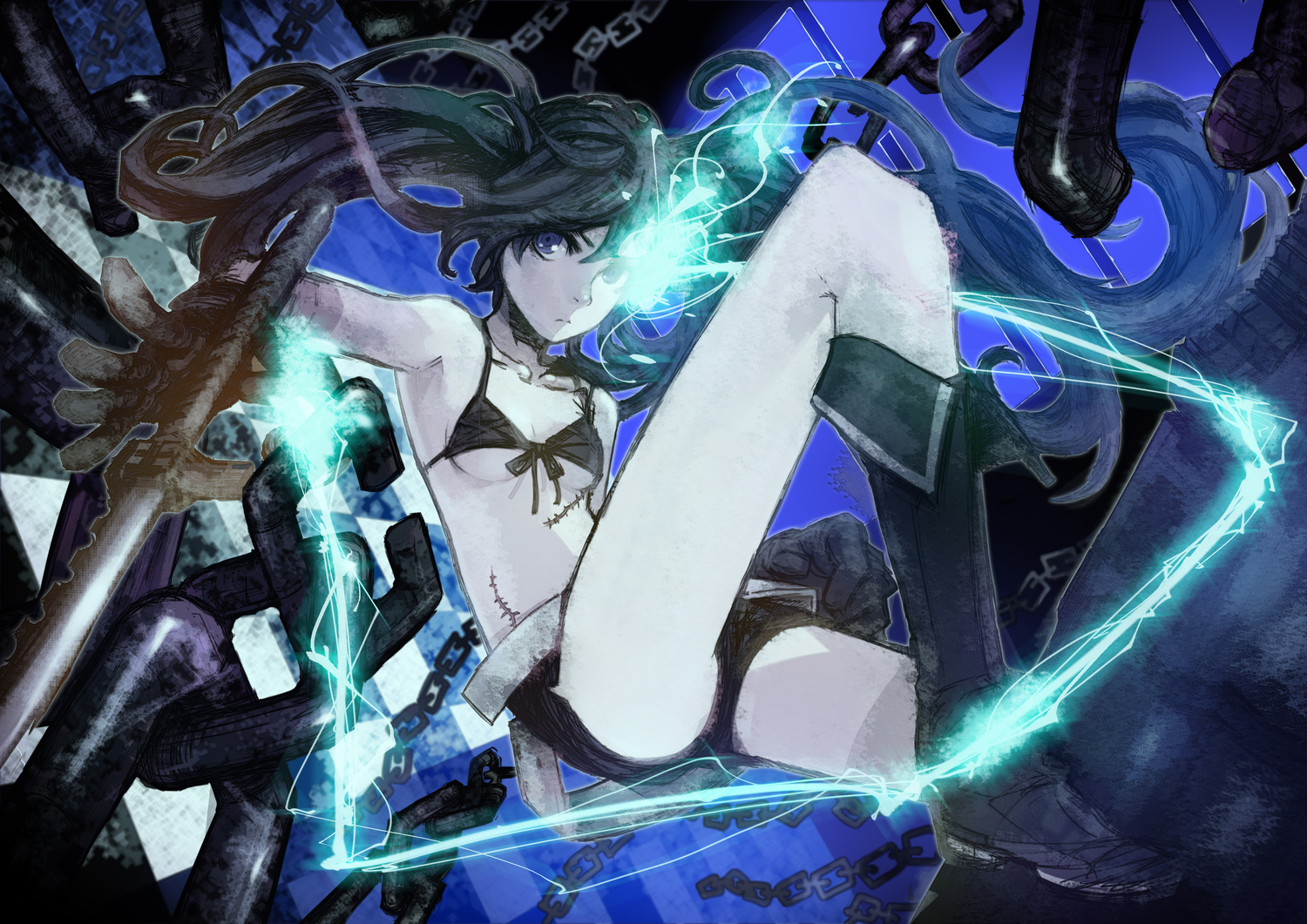 bikini_top, black_hair, black_rock_shooter, blue_eyes, boots, chain, gloves, kuroi_mato