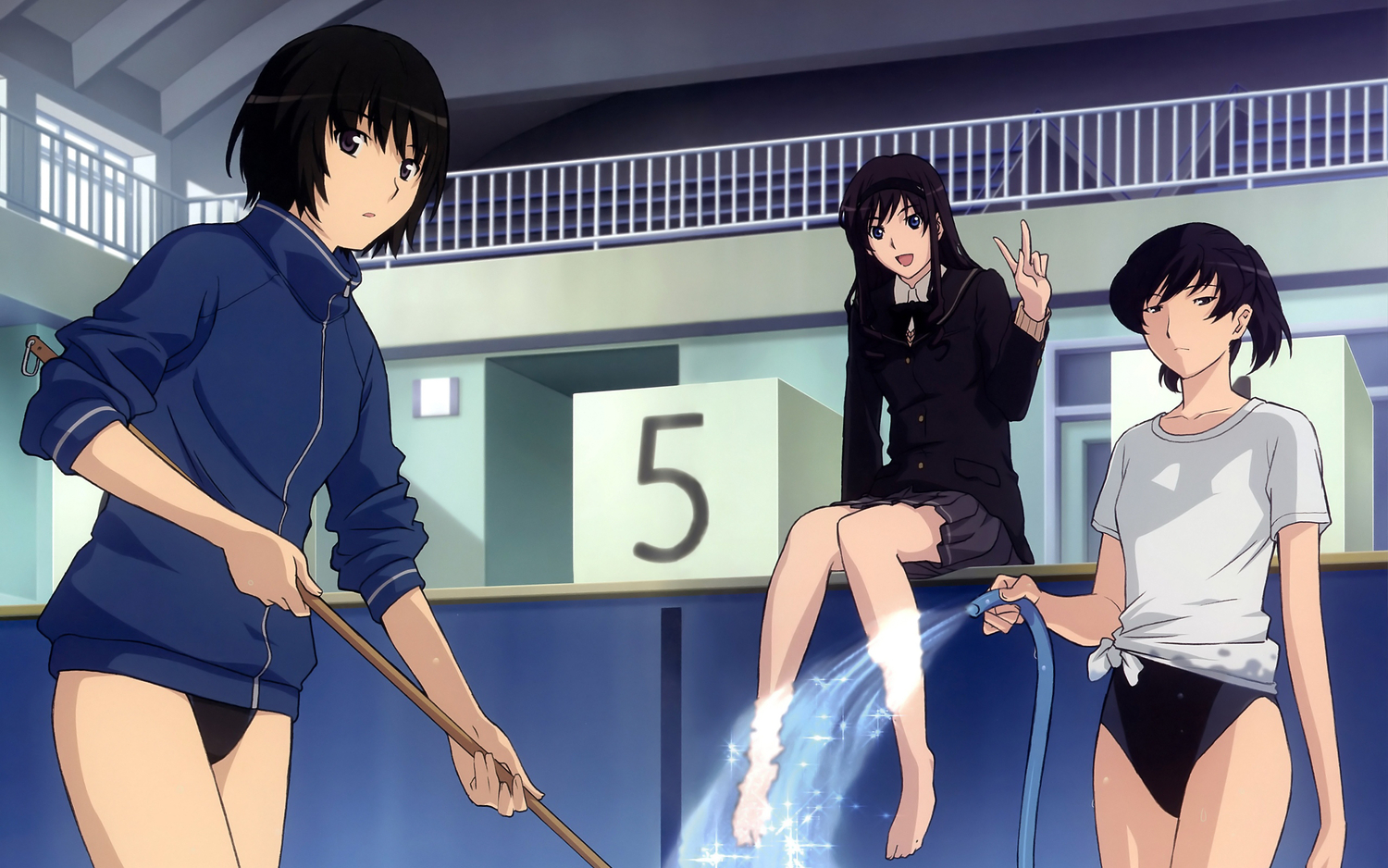 amagami, headband, morishima_haruka, nanasaki_ai, school_swimsuit, school_uniform, sugimoto_isao, swimsuit