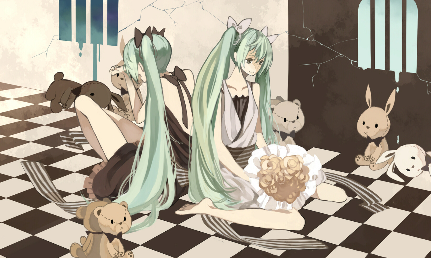 anbivarens, aqua_eyes, aqua_hair, bow, crying, dress, flowers, hatsune_miku