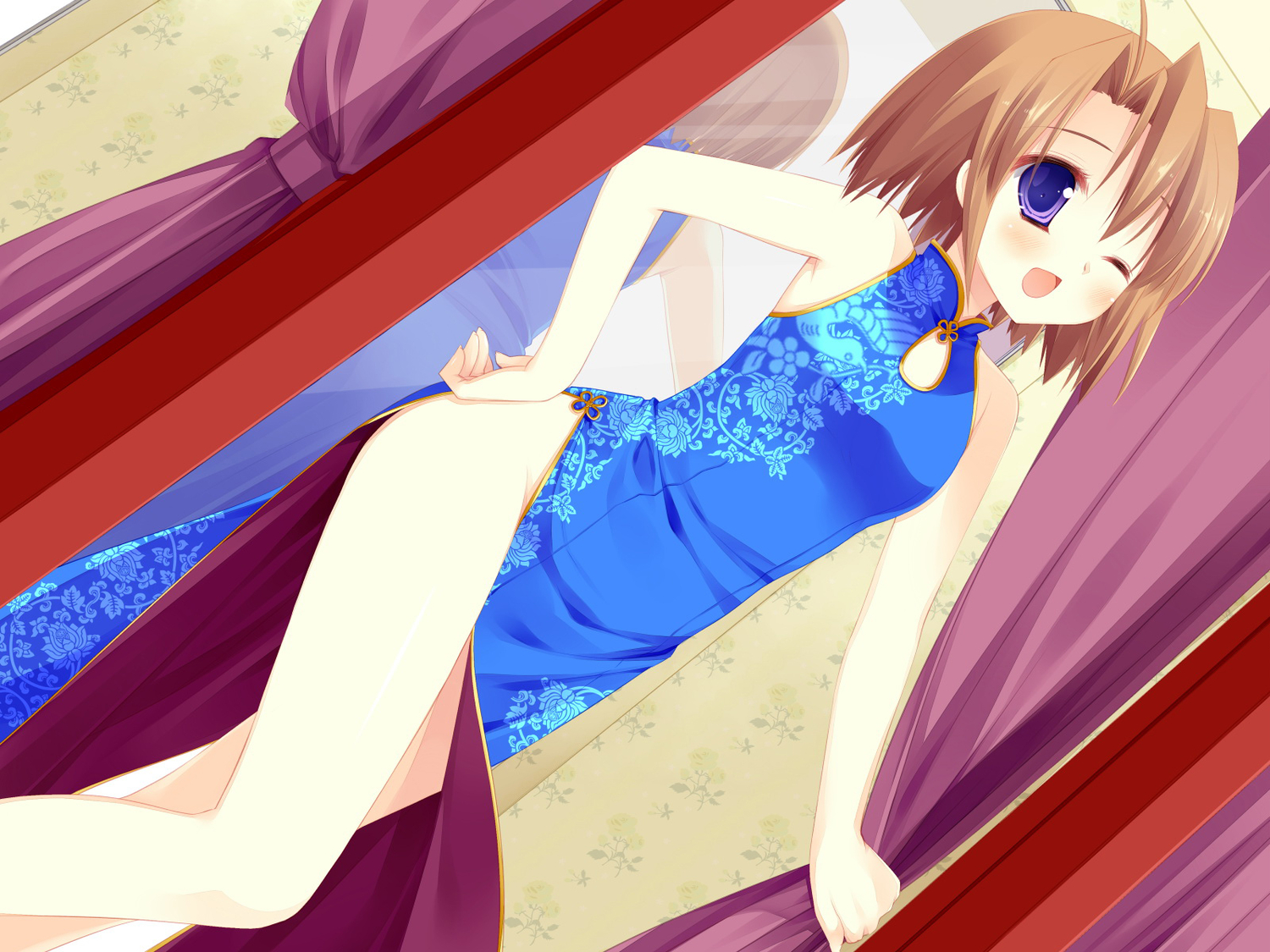 alcot, alcot_honey_comb, brown_hair, chinese_clothes, chinese_dress, dress, game_cg, kicking_horse_rhapsody, miyasu_risa, short_hair, tsuji_shino, wink