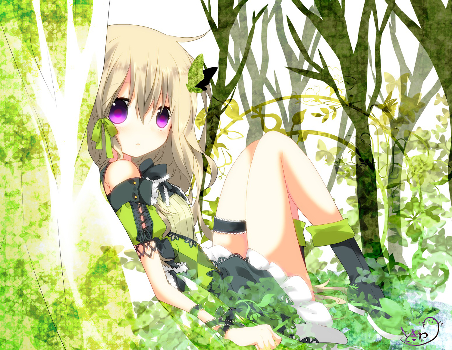 blonde_hair, butterfly, dress, forest, green, nana_kusun, original, purple_eyes, tree