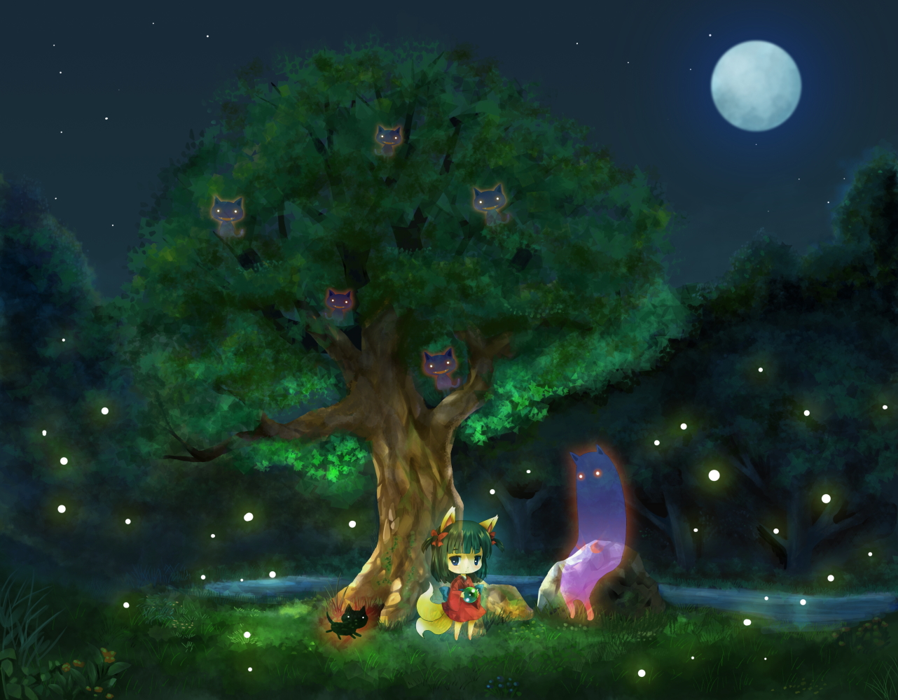 animal_ears, blue_eyes, bow, foxgirl, green_hair, japanese_clothes, kimono, michii_yuuki, moon, multiple_tails, night, original, stars, tail, tree