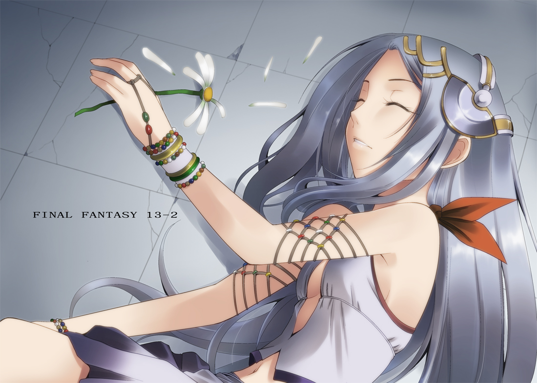 final_fantasy_xiii-2, flowers, gray_hair, hayashi_kasutamu, headdress, long_hair, navel, paddra_nsu-yeul