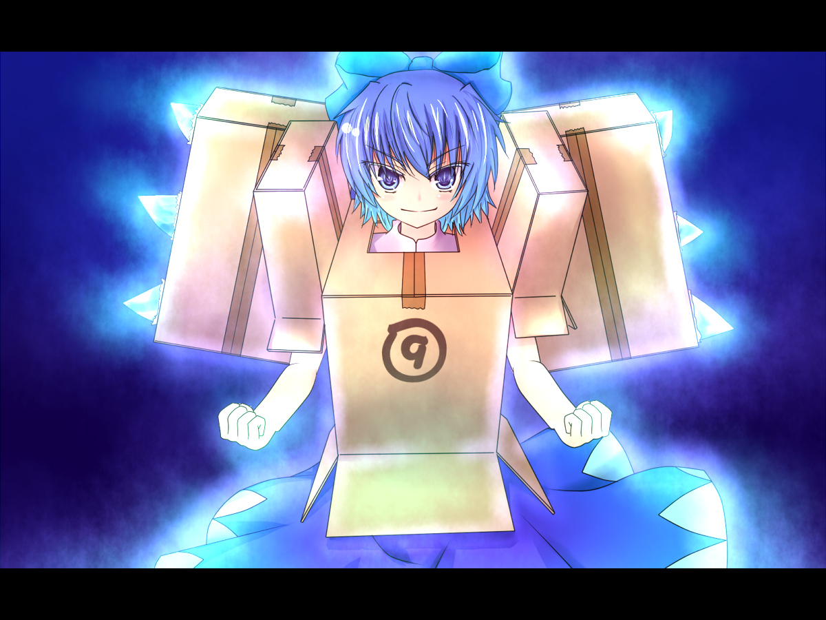armored_core, blue_eyes, blue_hair, bow, cirno, fairy, parody, short_hair, touhou, wings, yanagi_ryou