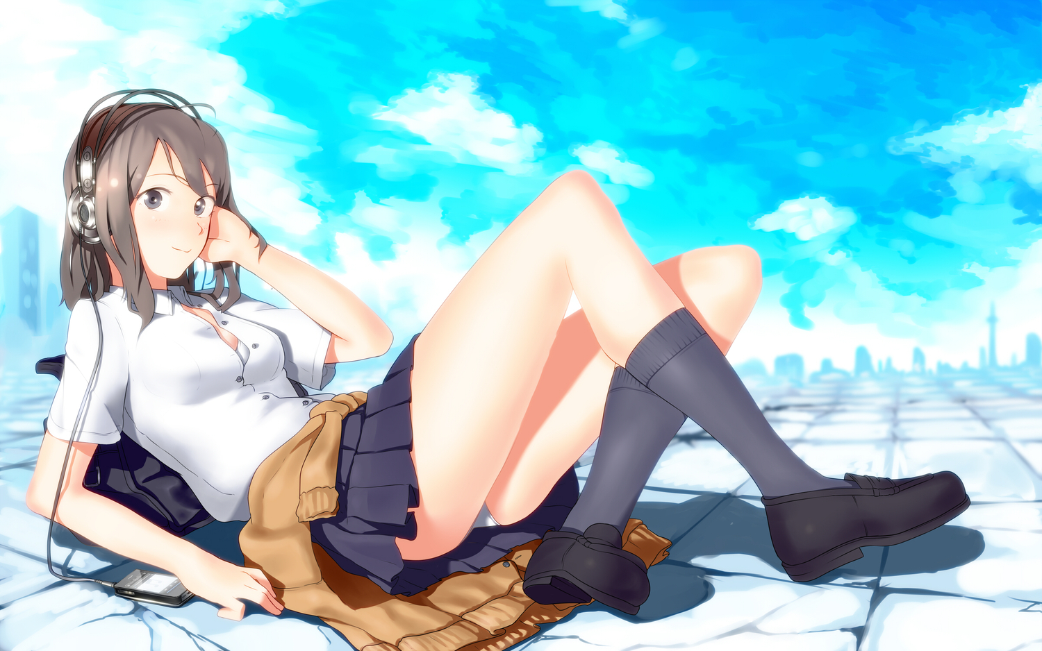 headphones, kinniku1234, original, panties, school_uniform, sky, underwear