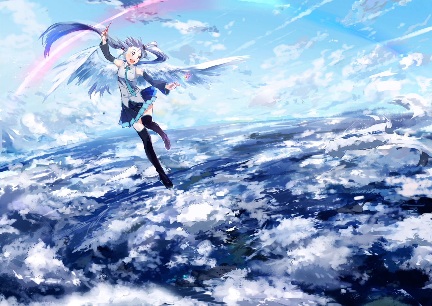 aqua_eyes, aqua_hair, clouds, hatsune_miku, long_hair, skirt, sky, tie