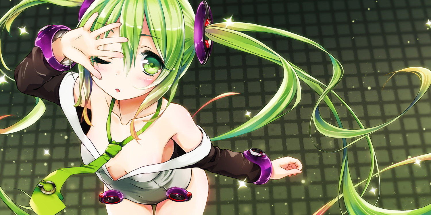breasts, cleavage, green_eyes, green_hair, hatsune_miku, kuromaru9, long_hair, miku_append