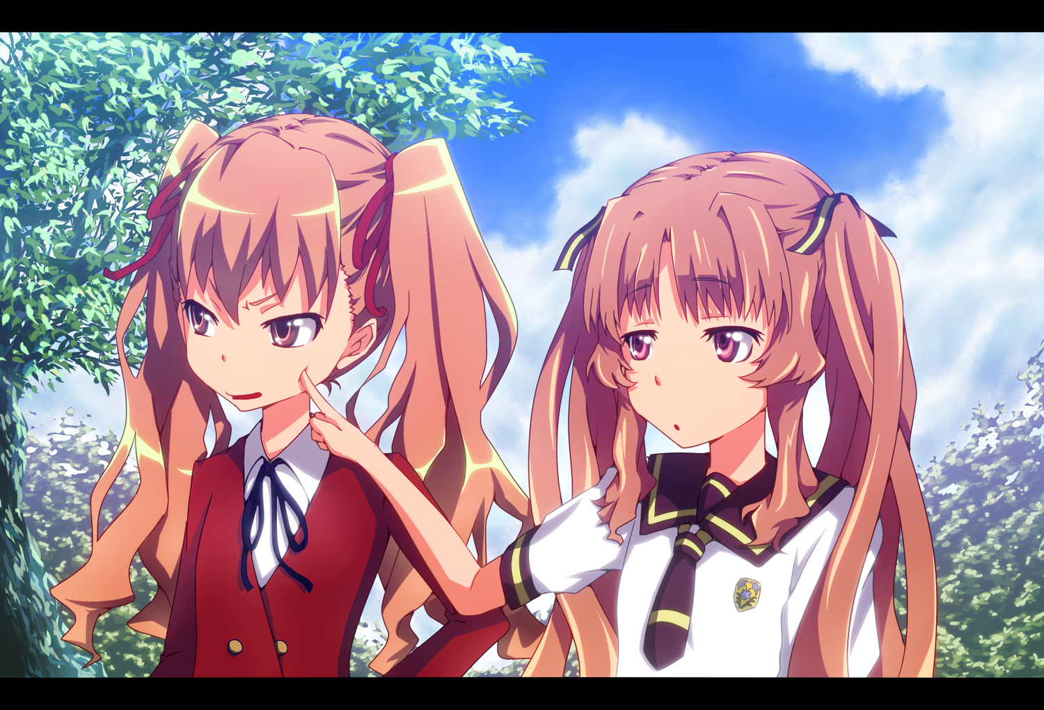 2girls, aisaka_taiga, ano_natsu_de_matteru, brown_eyes, brown_hair, crossover, long_hair, red_eyes, school_uniform, toradora, twintails, xxxx, yamano_remon
