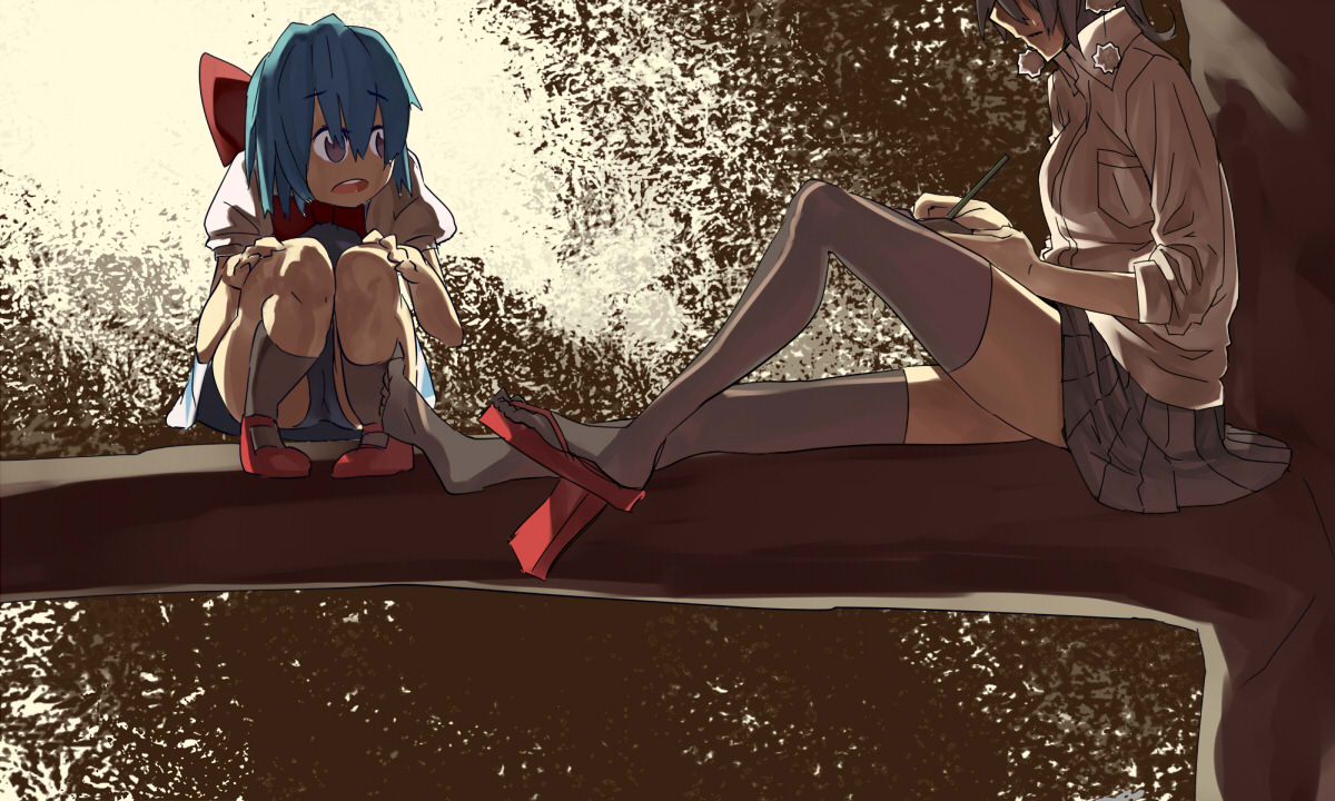 2girls, black_hair, blue_hair, c-button, cirno, hat, kneehighs, shameimaru_aya, tears, thighhighs, touhou, tree, upskirt, wings