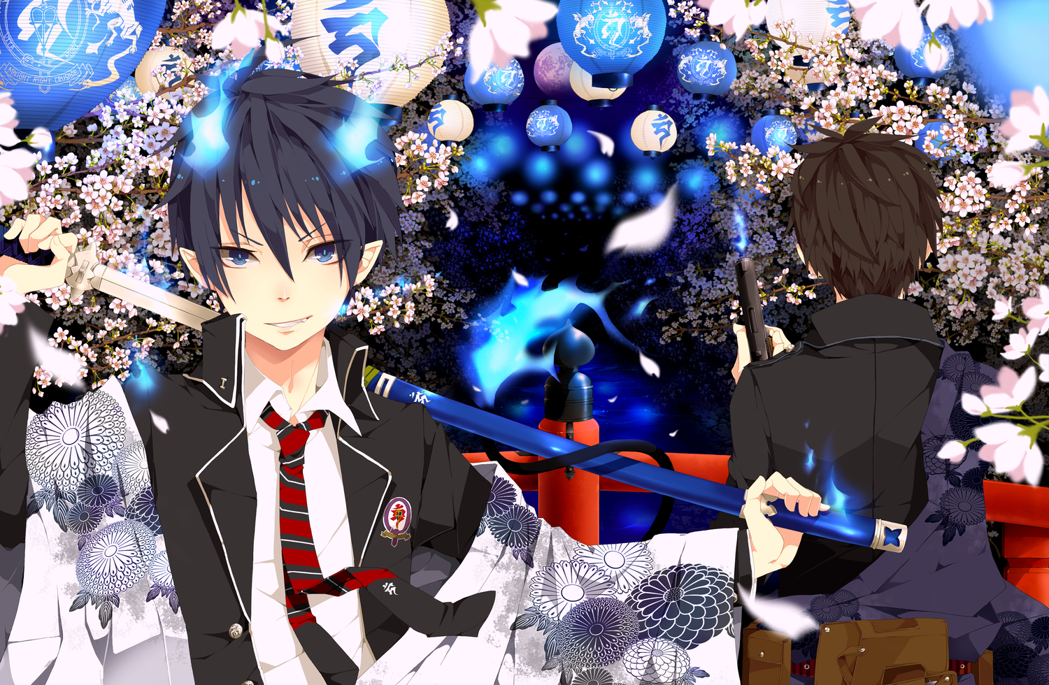 ao_no_exorcist, blue_eyes, flowers, gun, japanese_clothes, katana, okumura_rin, okumura_yukio, pointed_ears, sword, tie, utaoka_(23com), weapon