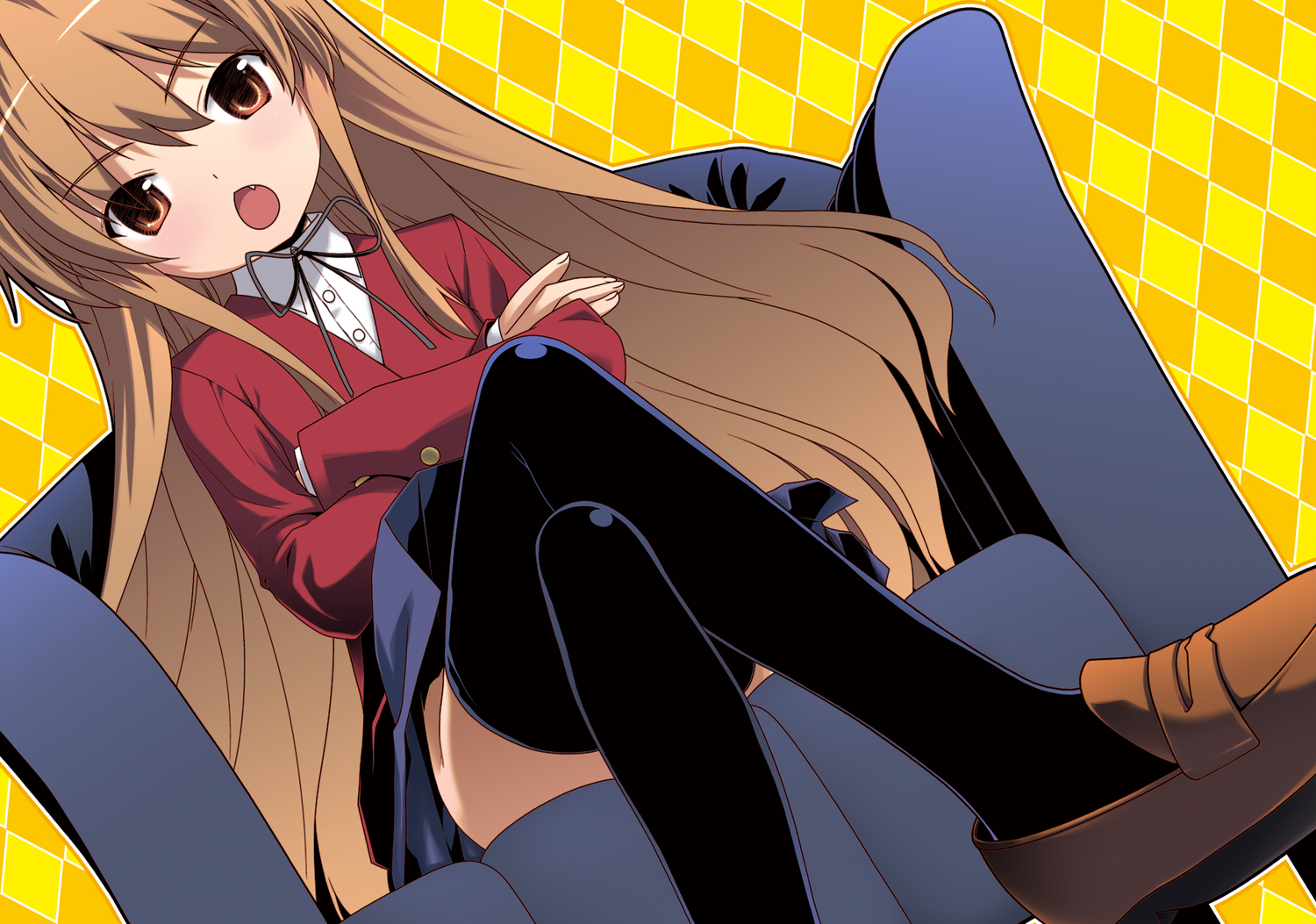 aisaka_taiga, brown_eyes, brown_hair, fang, kurosu_tsugutoshi, long_hair, school_uniform, thighhighs, toradora