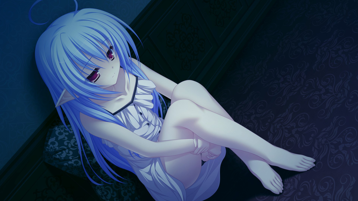 barefoot, blue_hair, game_cg, lunaris_filia, melis, mikagami_mamizu, pointed_ears, red_eyes, whirlpool