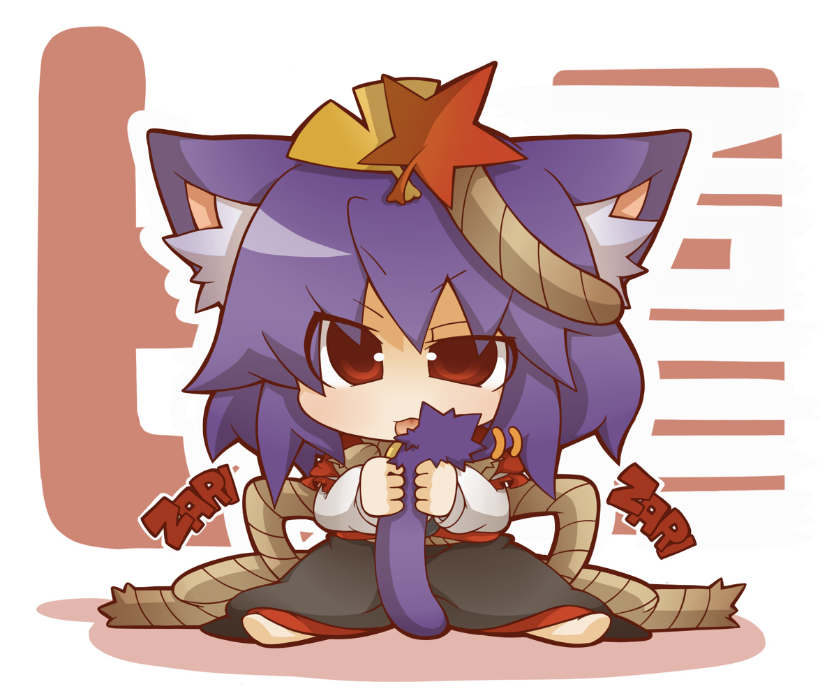animal_ears, catgirl, chibi, gurageida, purple_hair, red_eyes, tail, touhou