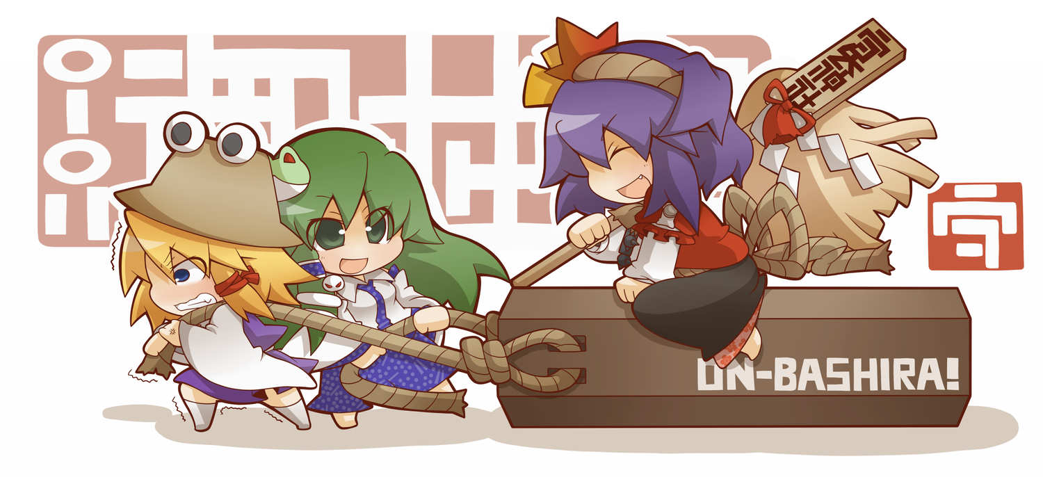 blonde_hair, blue_eyes, bow, chibi, fang, green_eyes, green_hair, gurageida