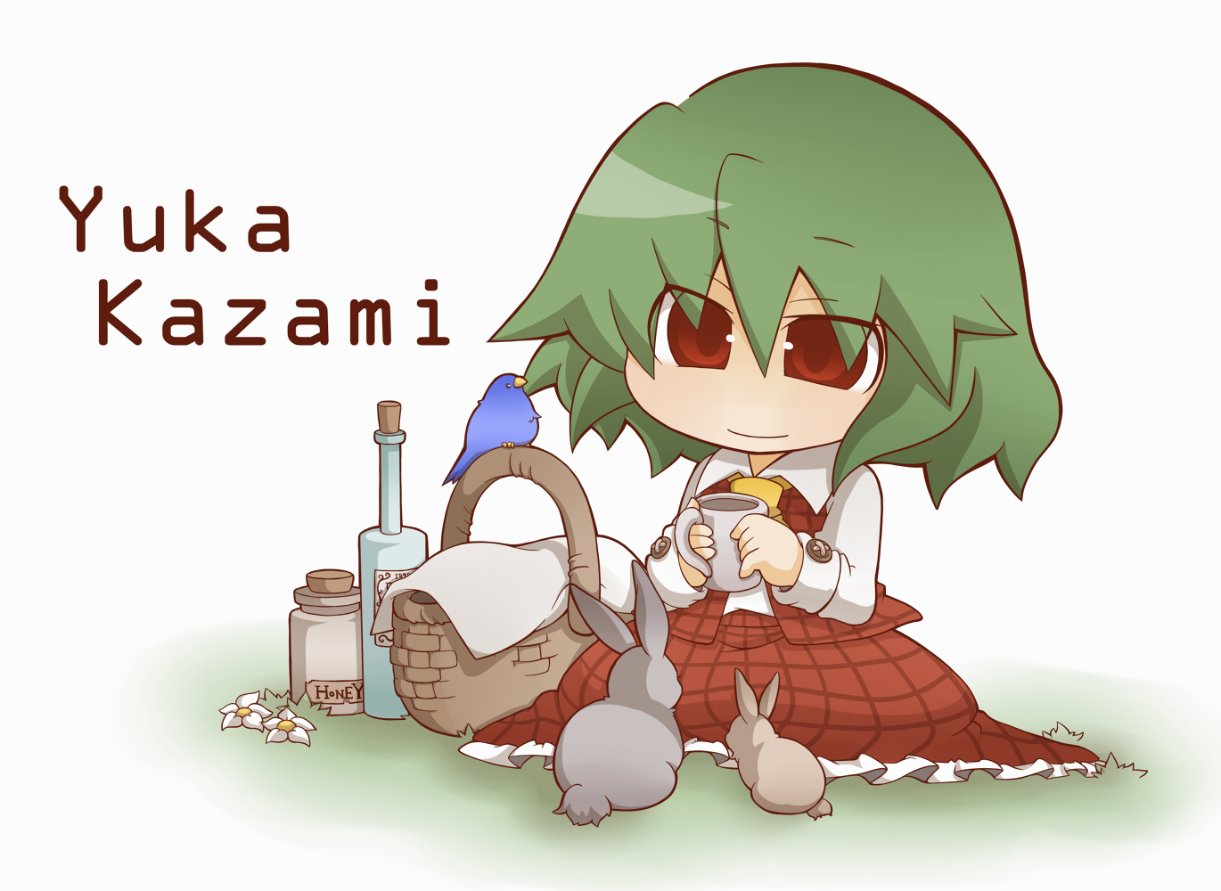 animal, bird, chibi, green_hair, gurageida, kazami_yuuka, rabbit, red_eyes