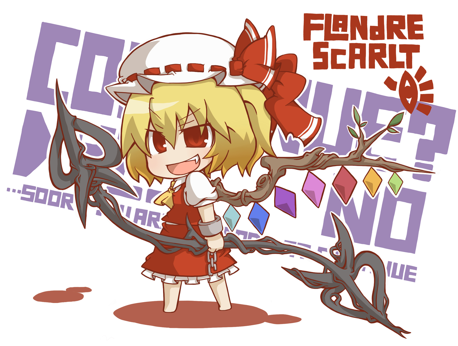 blonde_hair, bow, chibi, fang, flandre_scarlet, gurageida, hat, red_eyes