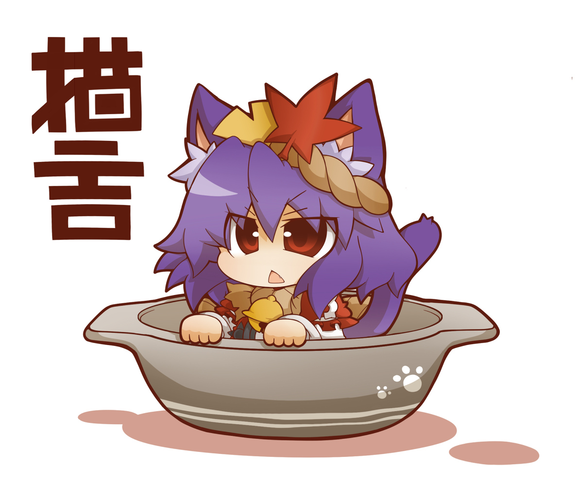 animal_ears, bell, bow, catgirl, chibi, gurageida, purple_hair, red_eyes