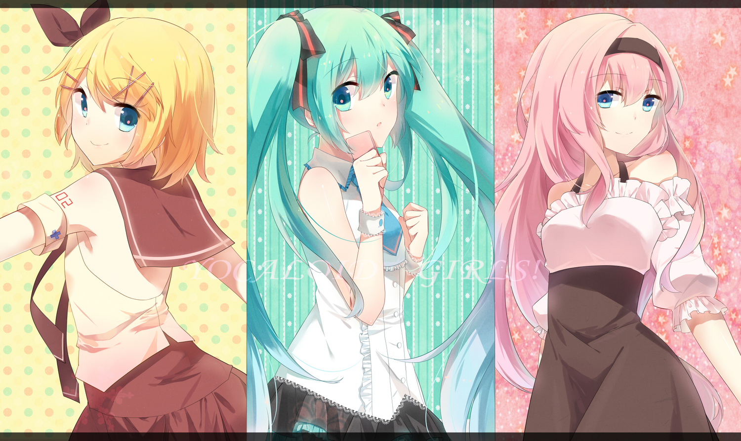 aqua_hair, blonde_hair, blue_eyes, bow, dress, hatsune_miku, kagamine_rin, long_hair