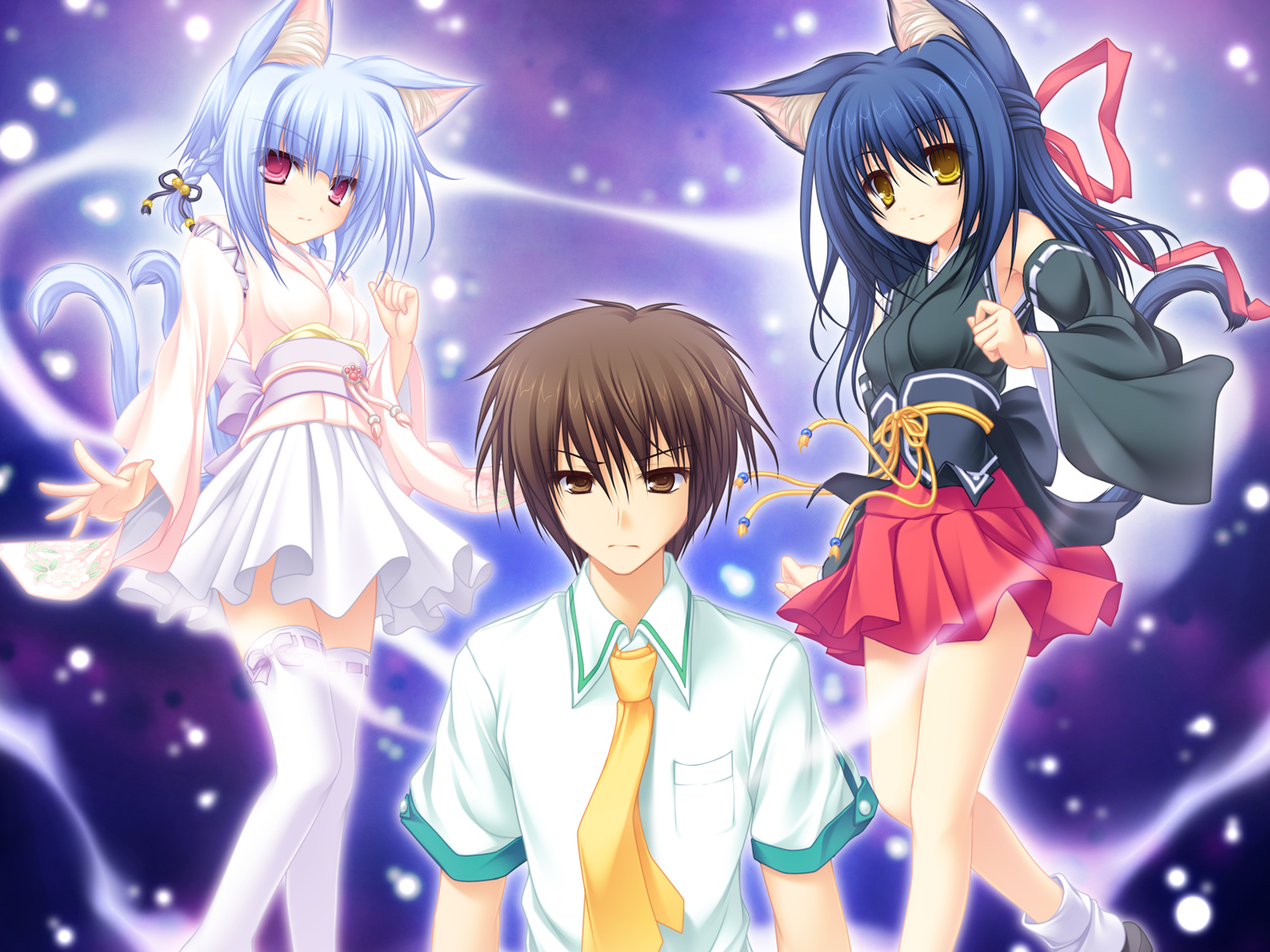 animal_ears, bell, blue_hair, blush, bow, brown_eyes, brown_hair, catgirl