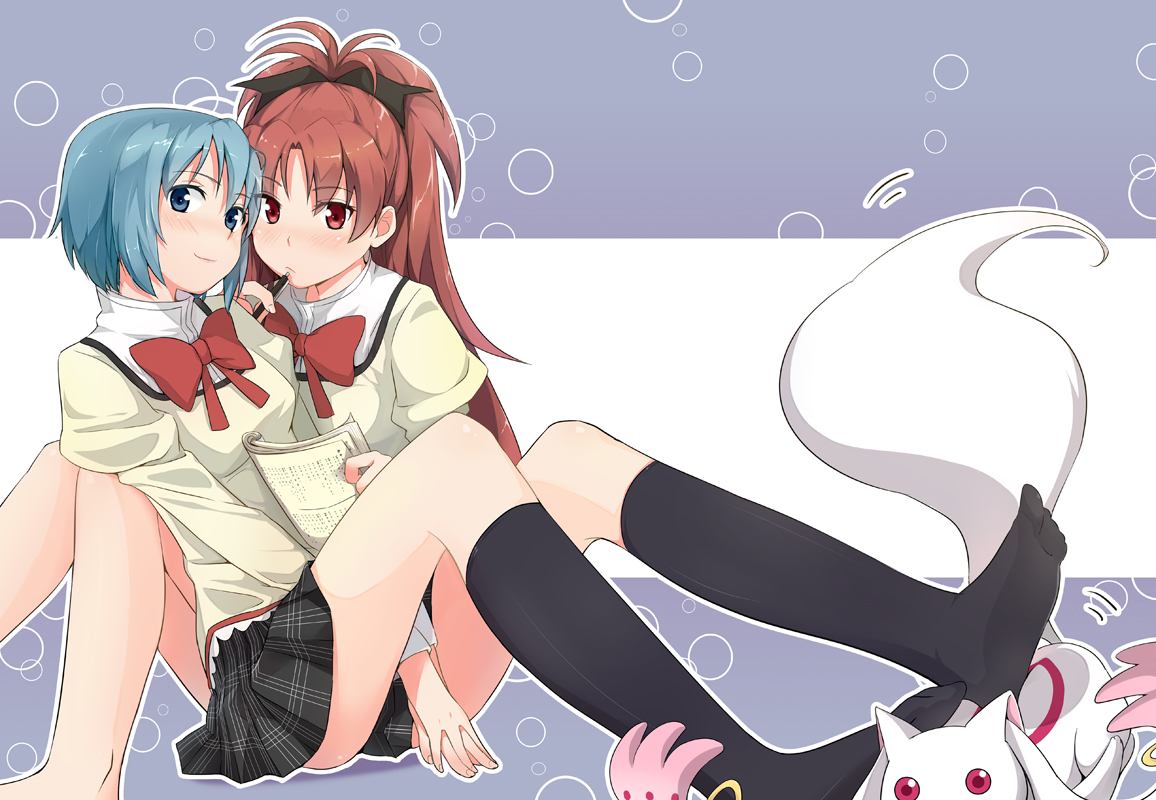 blue_eyes, blue_hair, bow, kyuubee, mahou_shoujo_madoka_magica, miki_sayaka, misu_kasumi, red_eyes