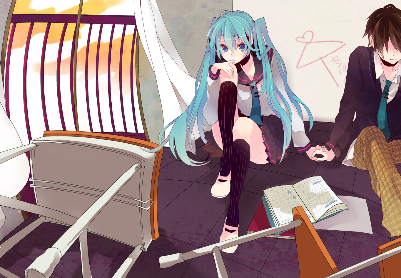 aqua_hair, blue_eyes, book, brown_hair, hatsune_miku, long_hair, musou_yuchi, school_uniform