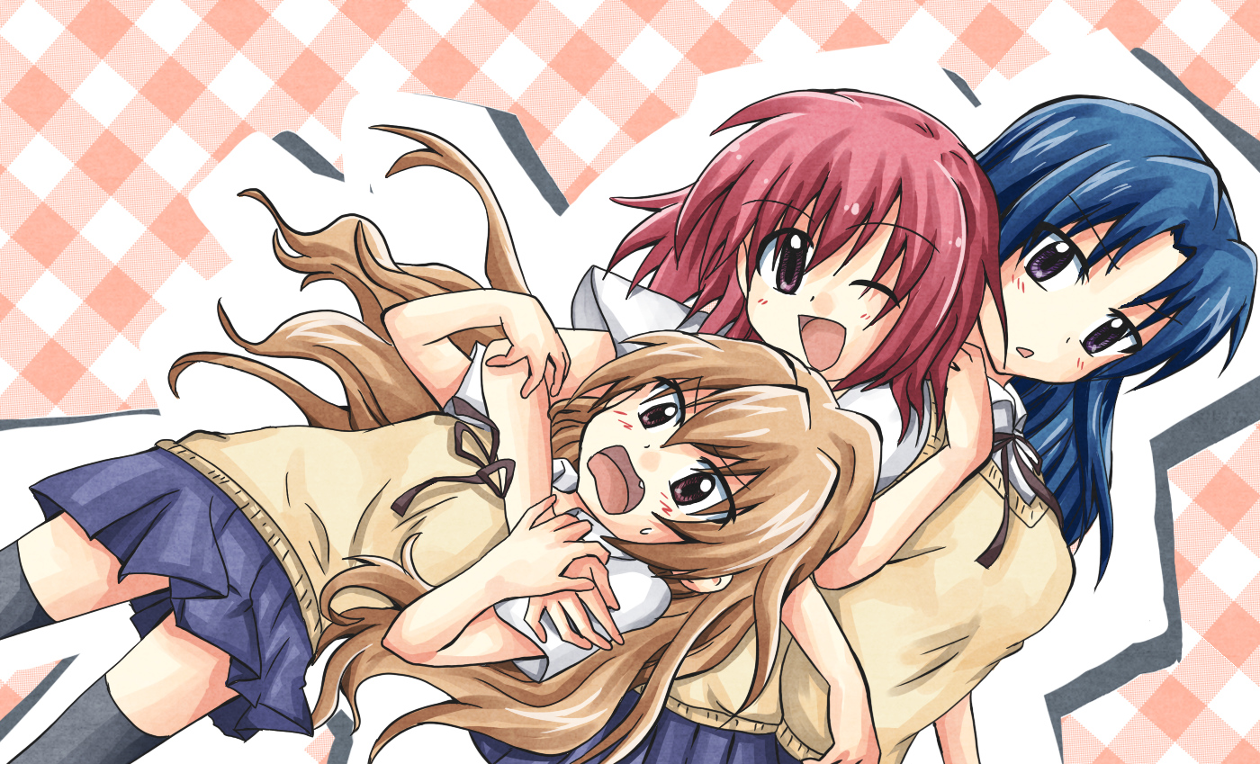 aisaka_taiga, blue_hair, brown_eyes, brown_hair, kawashima_ami, kushieda_minori, long_hair, purple_eyes, red_eyes, red_hair, school_uniform, short_hair, thighhighs, toradora, wink, youyan