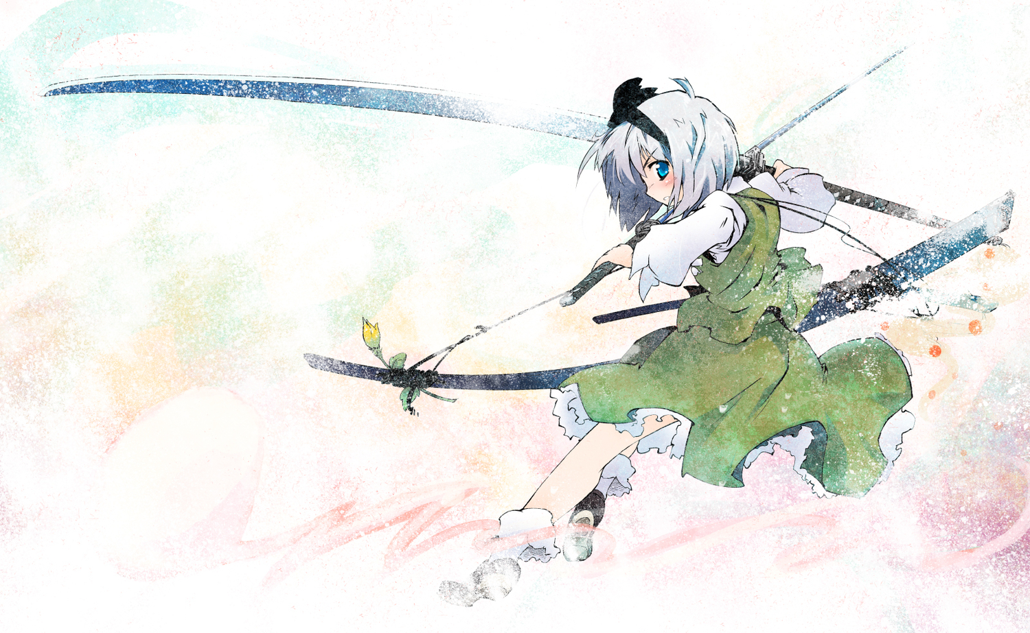 blue_eyes, flowers, gray_hair, katana, konpaku_youmu, nanaroku_(fortress76), short_hair, sword
