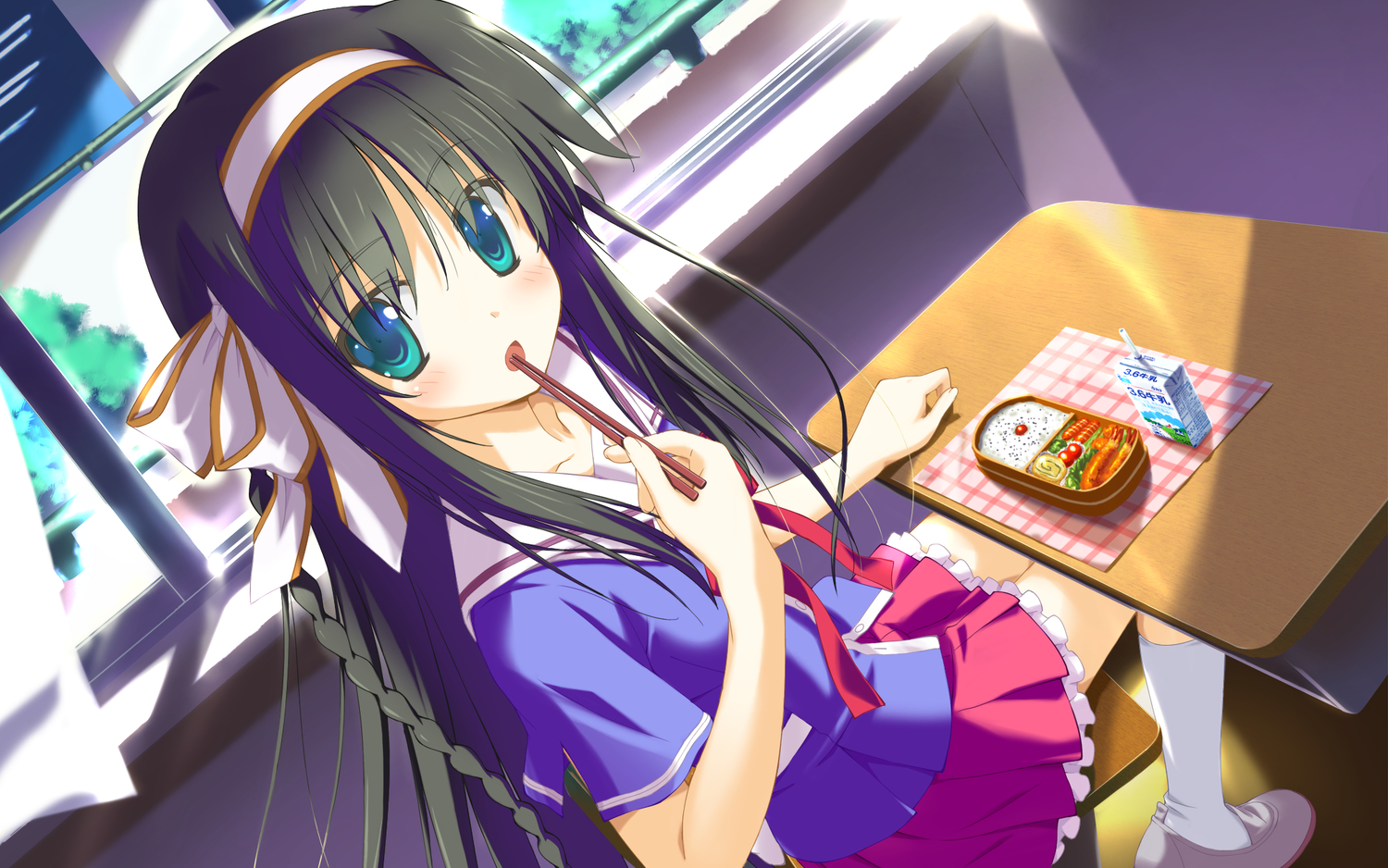 aqua_eyes, black_hair, blush, bow, braids, drink, favorite, food