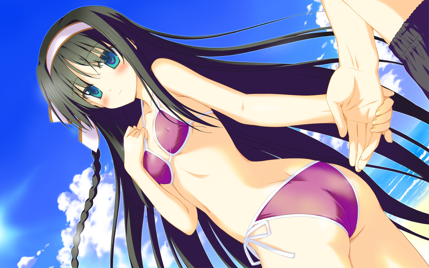aqua_eyes, ass, bikini, black_hair, blush, bow, braids, clouds
