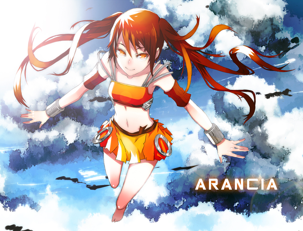 arancia, barefoot, clouds, orange_eyes, orange_hair, original, twintails