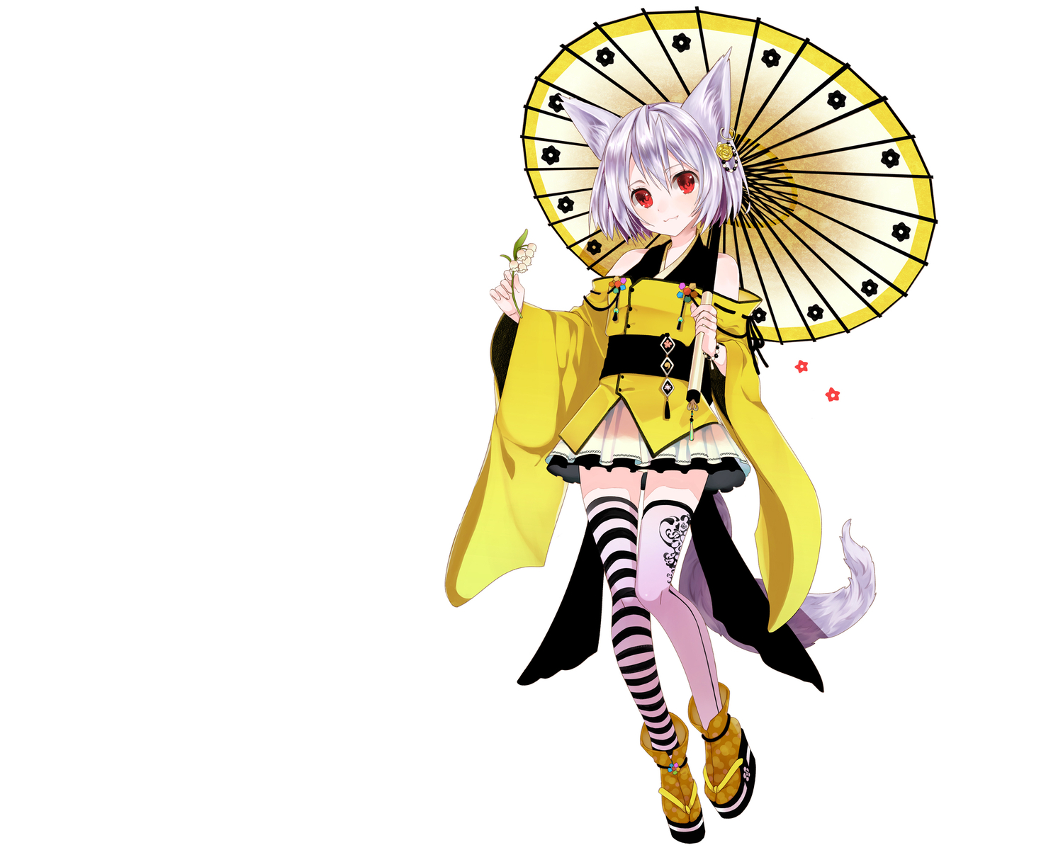 animal_ears, fang, flowers, foxgirl, original, red_eyes, tail, thighhighs