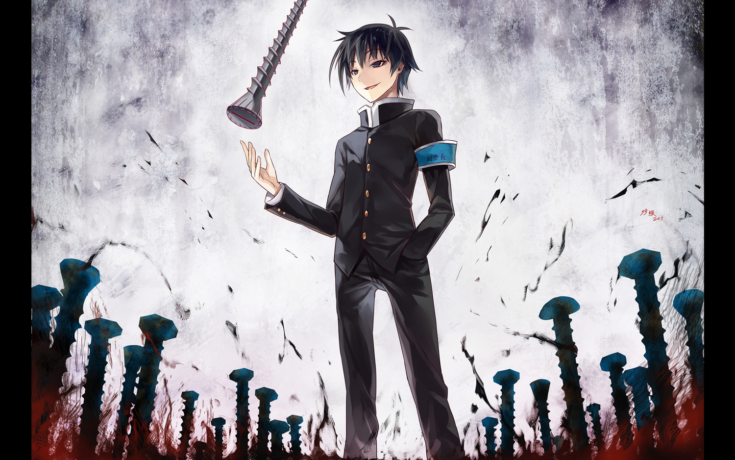 all_male, black_eyes, black_hair, blood, green_tear, kumagawa_misogi, male, medaka_box