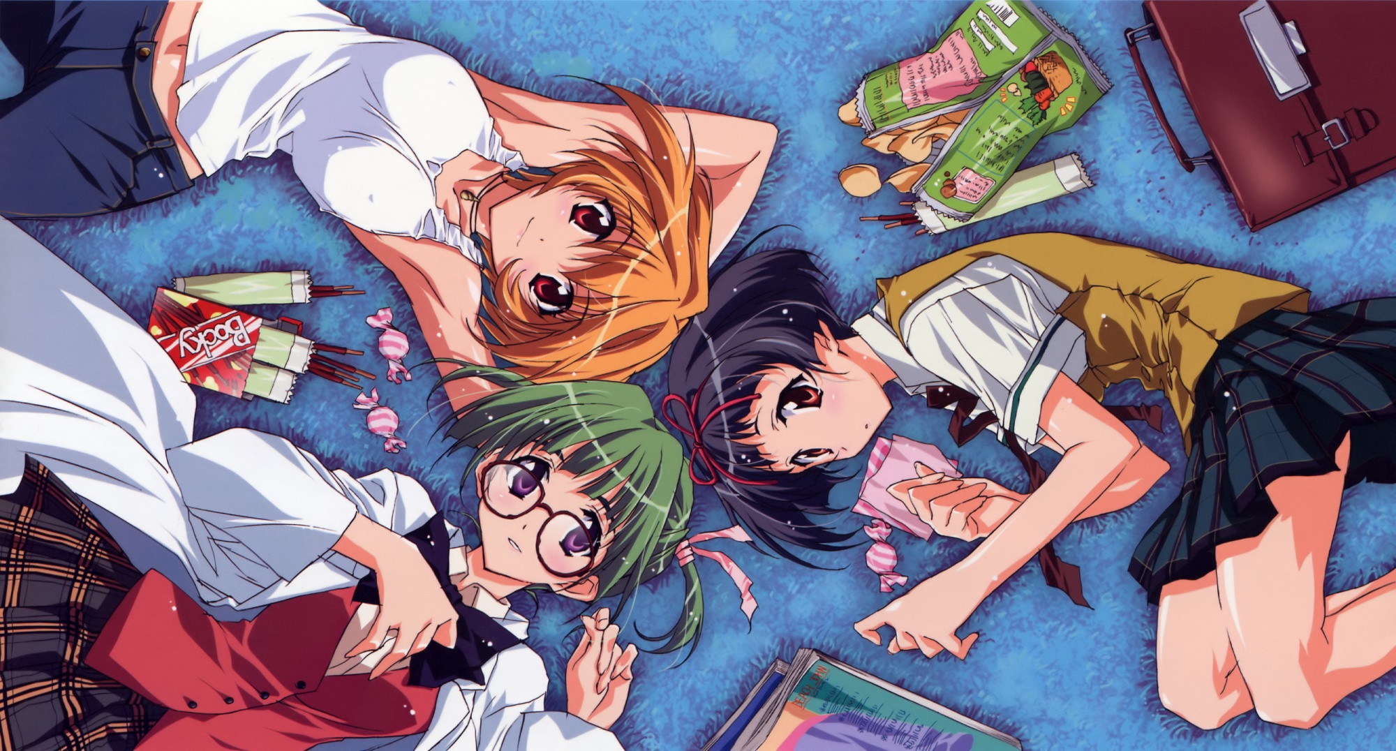 book, food, glasses, green_hair, hirasawa_hiroko, horiide_mika, ibuse_okie, kakyuusei, kakyuusei_2, kurashima_tomoyasu, red_eyes, school_uniform