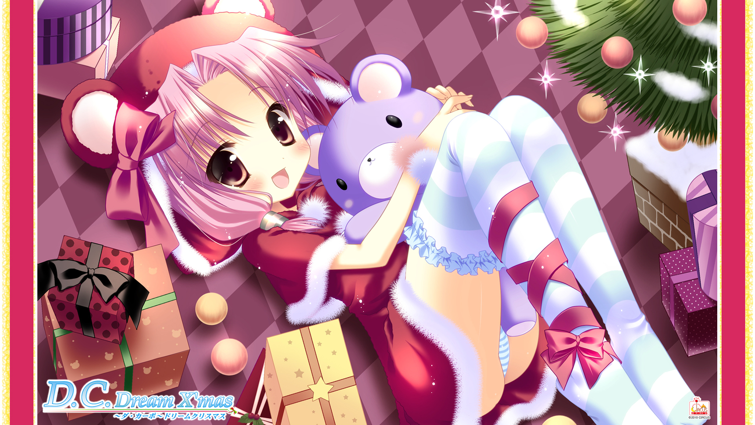 animal_ears, christmas, da_capo_dream_x'mas, futaba_miwa, panties, pink_hair, santa_costume, teddy_bear